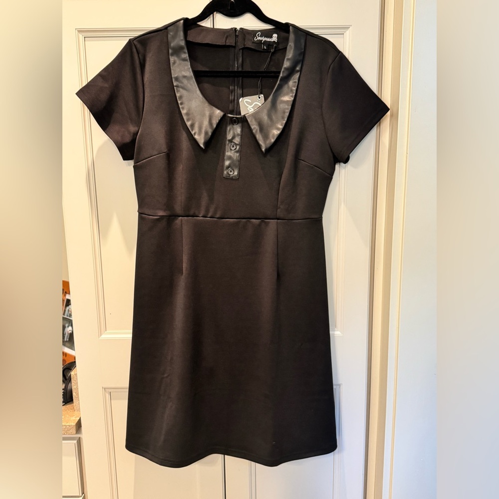 sourpuss clothing faux leather Peter Pan collar dress